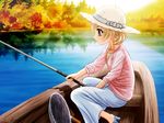  autumn blonde_hair boat fishing fishing_rod hat holding holding_fishing_rod patricia_(princess_maker_4) princess_maker princess_maker_4 sleeves_rolled_up solo tenhiro_naoto water watercraft 