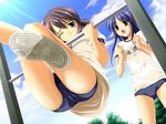  ass blue_eyes blue_hair buruma cloud day fumio_(ura_fmo) game_cg gym_uniform horizontal_bar multiple_girls nagasumi_mana open_mouth purple_hair shoes sky sneakers sorauta wince yuunagi_mio 