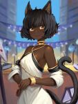  1girl animal_ears black_hair blurry blurry_background bracelet cat_ears cat_girl cat_tail dark-skinned_female dark_skin detached_sleeves dress flat_chest gold_trim highres jewelry looking_at_viewer rabbit_and_steel shopkeeper_(rabbit_and_steel) short_hair smile solo tail very_dark_skin white_dress yan_kodiac yellow_eyes 