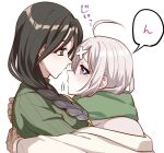  2girls ahoge blush braid breasts brown_hair couple eye_contact eyes_visible_through_hair green_sweater grey_hair hair_ornament hair_over_one_eye kumeringo_touho large_breasts long_braid long_hair looking_at_another mole mole_under_eye multicolored_hair multiple_girls nijisanji orange_eyes ribbed_sweater shirayuki_tomoe shirayuki_tomoe_(1st_costume) single_braid sukoya_kana sweater virtual_youtuber x_hair_ornament yuri 