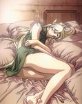  90s barefoot bed blonde_hair closed_eyes deedlit elf feet highres legs long_hair pointy_ears record_of_lodoss_war sleeping solo upskirt yuuki_nobuteru 