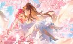  2girls alternate_hairstyle arm_up bang_dream! bang_dream!_it&#039;s_mygo!!!!! blue_eyes breasts bridal_veil brown_hair cang_(akaga204) carrying carrying_person cherry_blossoms chihaya_anon chinese_commentary commentary_request dress elbow_gloves gloves grey_eyes high_heels highres long_hair medium_breasts multiple_girls nagasaki_soyo one_eye_closed open_mouth pink_hair ponytail sidelocks sleeveless sleeveless_dress strapless strapless_dress teeth translation_request upper_teeth_only v veil white_dress white_footwear white_gloves wife_and_wife 