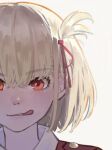  1girl blonde_hair chinese_commentary commentary_request hair_ribbon licking_lips looking_at_viewer lycoris_recoil medium_hair nishikigi_chisato one_side_up portrait red_eyes red_ribbon ribbon simple_background smile solo tongue tongue_out uud45gaotrcvkfg white_background 