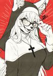  2024 5_fingers absurd_res anthro breasts canid canine claws clothed clothing cross digital_media_(artwork) ear_piercing eyewear fangs female female_anthro finger_claws fingers fur glasses habit hair hi_res jewelry kemono looking_at_viewer mammal necklace nun open_mouth open_smile piercing restricted_palette smile smiling_at_viewer solo teeth tomotiso2k wearing_glasses 