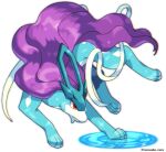  blue_skin closed_mouth colored_skin frown highres long_hair no_humans pokemon pokemon_(creature) purple_hair red_eyes ribbon rorosuke simple_background solo suicune twitter_username water white_background 