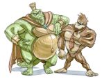 anthro ape belly big_belly brown_body brown_fur cape claws clothing cookie_game0 crocodilian crown donkey_kong_(character) donkey_kong_(series) duo eye_contact fangs fur gold_(metal) gorilla green_body green_scales grin haplorhine headgear hi_res jewelry king_k._rool kremling leaning_on_another looking_at_another male mammal mostly_nude navel necktie necktie_only nintendo overweight primate reptile scales scalie sharp_teeth smile teeth