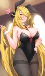 1girl absurdres alternate_breast_size animal_ears bare_shoulders between_breasts blonde_hair blurry blurry_background blush breasts cleavage covered_navel cowboy_shot cynthia_(pokemon) detached_collar grey_eyes hair_ornament hair_over_one_eye hand_on_own_hip heart highres large_breasts leotard long_hair looking_at_viewer maruneco mature_female necktie necktie_between_breasts pantyhose parted_lips playboy_bunny pokemon pokemon_dppt rabbit_ears red_necktie solo strapless strapless_leotard thighband_pantyhose very_long_hair wrist_cuffs 