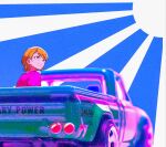  1girl highres hot_wheels kouki_(ky1202281) looking_up mazda mazda_b_series mole mole_under_eye motor_vehicle original parted_lips photo_background pickup_truck pink_shirt purple_eyes shirt short_hair smile truck 