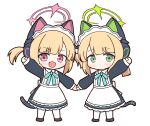  2girls achilles_(yosshyachillesd) animal_ear_headphones animal_ears apron black_dress black_footwear blonde_hair blue_archive blush cat_tail closed_mouth dress fake_animal_ears green_eyes green_halo halo headphones highres long_sleeves looking_at_viewer maid maid_apron maid_headdress midori_(blue_archive) midori_(maid)_(blue_archive) momoi_(blue_archive) momoi_(maid)_(blue_archive) multiple_girls official_alternate_costume open_mouth pantyhose pink_halo red_eyes shoes short_hair siblings simple_background sisters smile tail twins white_apron white_background white_pantyhose 