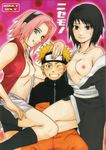  black_eyes black_hair blonde_hair blue_eyes blush breasts cover cover_page doujinshi green_eyes grin hand_on_head haruno_sakura looking_at_viewer naruto nipples open_clothes pets pink_hair shizune_(naruto) short_hair sitting smile standing uzumaki_naruto wink 