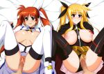  2boys 2girls absurdres arm_belt belt black_panties black_thighhighs blonde_hair blonde_pubic_hair bow breasts censored clothing_aside commentary commission fate_testarossa fingerless_gloves gloves hair_bow hair_ornament hetero highres large_breasts long_hair lying lyrical_nanoha magical_girl mahou_shoujo_lyrical_nanoha mosaic_censoring multiple_boys multiple_girls nipples open_clothes open_mouth orange_hair orange_pubic_hair panties panties_aside penis pink_skirt purple_eyes pussy red_eyes sex short_twintails side_ponytail skeb_commission skirt smile spread_legs takamachi_nanoha thighhighs twintails underwear vaginal white_skirt white_thighhighs yellow_belt yu-ta 