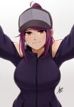  1girl absurdres airisubaka artist_name bandaid bandaid_on_cheek bandaid_on_face baseball_cap breasts clothing_cutout commentary english_commentary eyes_visible_through_hair folded_ponytail gradient_background grey_background hat highres jacket large_breasts leah_(airisubaka) long_hair long_sleeves looking_at_viewer orange_eyes original outstretched_arms purple_hair purple_jacket reaching reaching_towards_viewer shoulder_cutout signature simple_background smile solo upper_body white_background zipper_pull_tab 