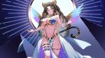  1girl animal_ears bangle bare_arms bare_shoulders blue_background blue_gemstone bracelet breasts brown_hair cat_ears cat_tail cleavage curvy dee_the_sphinx_(vtuber) feathered_wings gem gold_bra gold_bracelet golden_eyes gradient_wings grin hair_ornament indie_virtual_youtuber jewelry kitatyoco large_breasts long_hair long_skirt looking_at_viewer midriff multicolored_wings narrow_waist navel pelvic_curtain pyramid_(structure) revealing_clothes skirt sleeveless smile solo sphinx standing stomach tail tail_ornament teeth thick_thighs thighs usekh_collar virtual_youtuber wide_hips wings yellow_eyes 