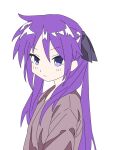  1girl black_ribbon expressionless from_side grey_sweater hair_ribbon hiiragi_kagami long_hair looking_afar lucky_star purple_eyes purple_hair ribbon simple_background solo sweater white_background yanikasu7o5 