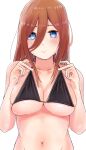  1girl absurdres bikini black_bikini blue_eyes blush breasts brown_hair closed_mouth go-toubun_no_hanayome hair_between_eyes hands_up highres large_breasts long_bangs long_hair looking_at_viewer miwataku nakano_miku navel pulled_by_self simple_background skindentation solo stomach strap_pull swimsuit upper_body white_background 
