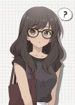  1girl ? bag black_bag black_hair brown_eyes chocomiru collarbone commentary english_commentary glasses grid_background highres long_hair looking_at_viewer open_mouth original short_sleeves shoulder_bag skirt solo speech_bubble white_skirt 