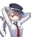  1girl absurdres adjusting_hair animal_ear_fluff animal_ears breasts cat_ears cat_girl cat_tail center_frills ear_piercing earrings extra_ears frills grey_hair hair_tie hair_tie_in_mouth hat highres jewelry lkjun_(jg010118) long_hair long_sleeves looking_at_viewer medium_breasts mouth_hold multicolored_hair necktie neneko_mashiro piercing red_eyes red_hair shirt single_earring stellive streaked_hair tail two-tone_hair virtual_youtuber white_shirt 