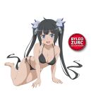  1girl absurdres barefoot bikini black_bikini black_hair blue_eyes feet hair_ornament hestia_(danmachi) highres leozurc long_hair looking_at_viewer non-web_source open_mouth smile solo swimsuit teeth thighs twintails upper_teeth_only 