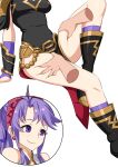  alternate_costume boots breasts commission disembodied_hand earrings fire_emblem fire_emblem:_genealogy_of_the_holy_war high_ponytail highres igni_tion jewelry medium_breasts official_alternate_costume ponytail purple_eyes purple_hair tailtiu_(fire_emblem) tailtiu_(resplendent)_(fire_emblem) thigh_grab 