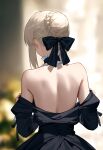  1girl absurdres artoria_pendragon_(fate) bare_back bare_shoulders black_bow black_dress black_ribbon blonde_hair blurry blurry_background bow choker dress fate/grand_order fate/stay_night fate_(series) hair_bow highres ribbon saber_alter short_hair zero_(qingsongzero) 