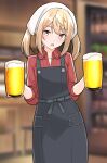  1girl alcohol apron beer beer_mug black_apron blonde_hair blurry blurry_background brown_eyes commentary_request cup furaggu_(frag_0416) highres holding holding_cup indoors izakaya jacket kantai_collection long_hair looking_at_viewer michishio_(kancolle) mug red_jacket sleeves_rolled_up solo track_jacket twintails 