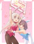  2girls :d ahoge animal_ears armpits arms_up bare_shoulders blush bow bowtie breasts brown_hair detached_collar fake_animal_ears fake_tail flat_chest genderswap genderswap_(mtf) heart highres holding holding_sign hozuki_momiji hug kyarahiba leotard long_hair looking_at_viewer matching_outfits multiple_girls onii-chan_wa_oshimai! open_mouth orange_eyes oyama_mahiro pantyhose pink_hair playboy_bunny rabbit_ears rabbit_tail red_eyes short_hair sign small_breasts smile star_(symbol) strapless strapless_leotard tail thank_you wrist_cuffs 