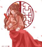  1girl blunt_bangs brown_eyes brown_hair chinese_clothes dated floral_print flower hair_bun hair_flower hair_ornament hanfu highres holding huacha33 lattice long_hair long_skirt long_sleeves mingzhi_ruqun original petals red_skirt round_window sitting skirt smile solo tanghulu white_background window 