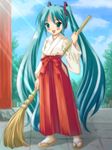  aqua_hair broom eyebrows_visible_through_hair hakama hatsune_miku japanese_clothes long_hair miko red_hakama ryunnu solo twintails very_long_hair vocaloid 