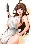  1girl :d ahoge apron blush breasts brown_hair covered_nipples dated frilled_apron frills hair_intakes hairband hand_on_own_hip hand_up highres holding holding_knife kamiya_tadato kantai_collection kitchen_knife knife kongou_(kancolle) large_breasts looking_at_viewer naked_apron open_mouth purple_eyes sidelocks smile solo sparkle thighs twitter_username v-shaped_eyebrows yellow_hairband 