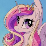 1girl artist_name blonde_hair blue_background cadance_(my_little_pony) duvivi4duvivi feathered_wings highres horns long_hair looking_at_viewer multicolored_hair my_little_pony my_little_pony:_friendship_is_magic no_humans pink_hair portrait purple_eyes purple_hair retro_artstyle single_horn solo tiara watermark white_fur white_wings winged_unicorn wings 