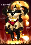  2024 4_arms abs absurd_res anthro areola areola_slip big_breasts breasts canid canine english_text female fingers flexing fox helluva_boss hi_res holding_breast huge_breasts macro mammal mrmelted multi_arm multi_limb muscular muscular_anthro muscular_female queen_bee-lzebub_(helluva_boss) solo text thick_thighs 