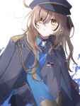  1girl absurdres ahoge alternate_costume black_choker black_hair black_ribbon blue_necktie blue_shirt brown_eyes brown_hair choker coat collar_tabs expressionless hair_between_eyes hair_ribbon hat highres hololive hololive_english huge_ahoge long_sleeves military_coat military_hat military_uniform nanashi_mumei necktie official_alternate_hairstyle one_side_up open_clothes open_coat ribbon shirt solo uniform xx_tk9 