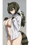 1girl animal_ears arknights black_gloves black_hair breasts commentary cowboy_shot fangs_(fangs_art) gloves highres large_breasts long_hair looking_at_viewer low_ponytail navel open_clothes open_shirt raccoon_ears raccoon_tail robin_(arknights) shirt solo standing stomach tail thighs white_shirt yellow_eyes 