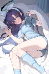  1girl alternate_costume blanket blue_archive blue_shirt blue_shorts blue_socks blush etesumsom hairband halo highres indoors kneehighs long_hair looking_at_viewer lying on_bed on_side parted_lips pillow purple_eyes purple_hair shirt shorts socks solo thighs white_hairband yuuka_(blue_archive) 