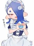  1girl alternate_costume apron blue_hair cephalopod_eyes commentary_request earrings enmaided eyelashes hair_over_one_eye heart heart_hands jewelry long_hair maid maid_apron maid_headdress octoling open_mouth red_eyes red_pupils shiver_(splatoon) short_eyebrows simple_background smile solo splatoon_(series) splatoon_3 standing sweat teeth tentacle_hair thick_eyebrows translation_request upper_teeth_only utfu333 white_apron white_background 