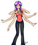  female long_hair multi_arm multi_limb purple_hair sweatdrop transformation 