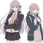  2girls :o black_ribbon black_skirt breasts brown_hair brown_skirt collared_shirt cowboy_shot crossed_arms danganronpa:_trigger_happy_havoc danganronpa_(series) danganronpa_2:_goodbye_despair flipped_hair grey_shirt hair_ornament hair_ribbon hand_up hood hood_down jacket kirigiri_kyoko large_breasts long_sleeves medium_hair miniskirt multiple_girls nanami_chiaki neck_ribbon necktie open_clothes open_jacket orange_necktie pink_eyes pleated_skirt ribbon roneco shirt skirt spaceship_hair_ornament 