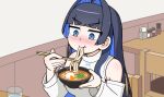  1girl blue_eyes blue_hair blush bowl chair chopsticks commentary eating english_commentary food highres holding holding_bowl holding_chopsticks hololive hololive_english long_hair looking_at_viewer noodles official_alternate_costume ouro_kronii ouro_kronii_(casual) restaurant shirt solo table toripuru_(tripl3) udon virtual_youtuber white_shirt 