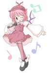  animal_ears beamed_eighth_notes blush dress eighth_note geetsu hat microphone music musical_note mystia_lorelei one_eye_closed open_mouth outstretched_arm pink_eyes pink_hair pink_legwear quarter_note short_hair simple_background singing solo thighhighs touhou white_background wide_sleeves wings 
