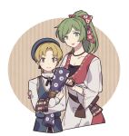  1boy 1girl blonde_hair blue_hat border bow breasts brown_background brown_eyes character_request cleavage commentary fire_emblem fire_emblem:_genealogy_of_the_holy_war green_eyes green_hair haconeri hair_bow hat high_ponytail looking_at_viewer outside_border print_bow red_bow round_border symbol-only_commentary white_border 