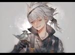  1boy bird bird_on_hand black_gloves coat commentary_request copyright_name eyelashes gloves grey_background grey_coat grey_eyes highres letterboxed male_focus moony_(mogmogmelt) nier nier_(brother) nier_(series) one_eye_closed ponytail smile solo teeth white_hair 