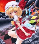  1girl ascot back_bow blonde_hair bow checkered_background cloud cloudy_sky collared_shirt crystal dutch_angle feet_out_of_frame flandre_scarlet frilled_shirt_collar frilled_sleeves frills from_side hat hat_ribbon large_bow leg_up looking_at_viewer looking_to_the_side mob_cap moon multicolored_wings outdoors puffy_short_sleeves puffy_sleeves red_eyes red_moon red_ribbon red_skirt red_vest ren_(endscape20) ribbon shirt short_sleeves skirt skirt_set sky sleeve_ribbon solo touhou traditional_media vest white_bow wings yellow_ascot 