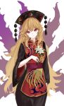  1girl absurdres black_dress blonde_hair chinese_clothes dress energy_tank flower hair_flaps head_tilt highres holding holding_flower junko_(touhou) kashiwada_kiiho lily_(flower) long_hair looking_at_viewer phoenix_crown phoenix_print red_eyes red_tabard simple_background solo tabard touhou very_long_hair white_background 