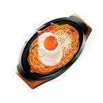  egg_(food) food food_focus fried_egg highres meat napolitan no_humans original pasta short208 spaghetti transparent_background wooden_tray 