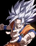  alternate_form black_background blue_shirt blurry blurry_background clenched_hand commentary dougi dragon_ball dragon_ball_super dragon_ball_super_super_hero fighting_stance gohan_beast highres long_hair male_focus orange_pants orange_shirt pants parted_lips red_eyes shirt simple_background sleeveless sleeveless_shirt smirk son_goku spiked_hair teeth tkht_9315 white_hair 