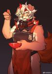  2020 absurd_res anthro apron apron_only arknights blush canid canine canis clothing domestic_dog fur hair hi_res holding_object horn hung_(arknights) hypergryph male mammal milkytiger1145 orange_hair orange_tail solo studio_montagne tail tan_body tan_fur white_body white_fur white_hair yellow_eyes 