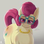  absurd_res aroused blush butt equid equine eyelashes eyewear female feral friendship_is_magic glasses hair hasbro hi_res jewelry mammal mature_female mrs._shy_(mlp) my_little_pony necklace pyroxtra red_hair reddened_butt smile solo text thick_thighs wearing_glasses yellow_body 