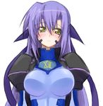  artist_request blush bow breasts facial_mark ginga_nakajima hair_bow impossible_clothes looking_to_the_side lyrical_nanoha mahou_shoujo_lyrical_nanoha_strikers puffy_sleeves purple_hair simple_background skin_tight solo white_background yellow_eyes 