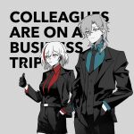  1boy 1girl aventurine_(honkai:_star_rail) black_gloves black_necktie blue_shirt couple cowboy_shot earpiece english_text gloves hetero highres honkai:_star_rail honkai_(series) necktie partially_colored red_shirt shirt simple_background souxun7996 suit topaz_(honkai:_star_rail) 