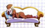  1girl alternate_costume argyle_background arikindows10 blonde_hair blue_eyes breasts brown_hat brown_jacket brown_pants brown_socks cleavage closed_mouth commentary_request couch cushion diana_cavendish elbow_rest full_body green_vest hat jacket little_witch_academia long_hair looking_at_viewer lying necktie on_stomach pants peaked_cap shirt socks solo sparkle undone_necktie vest wavy_hair white_shirt 